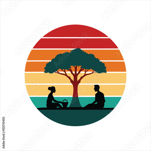 Romantic Picnic Scene with couple vector silhouette on retro background