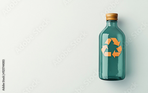 Eco-friendly glass bottle with a recycle symbol and wooden cap on a light background. photo