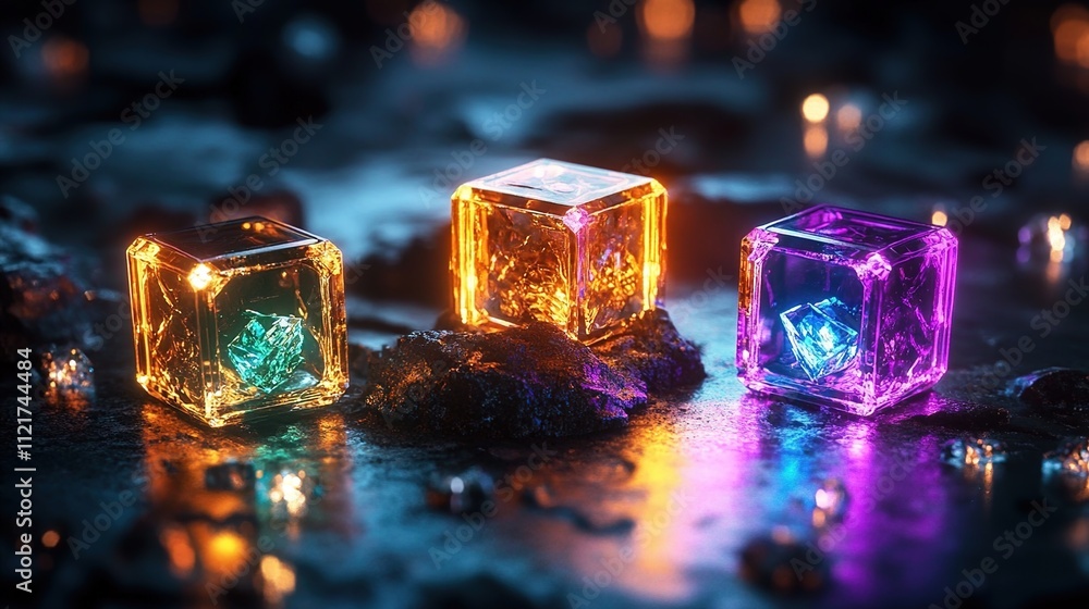 Three small, glowing gems sitting on top of an iron block. Three small, glowing gems sitting on top of an iron block.