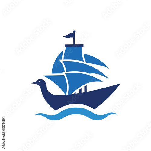 Sailing Ship with Seagull Logo Vector Illustration on white background