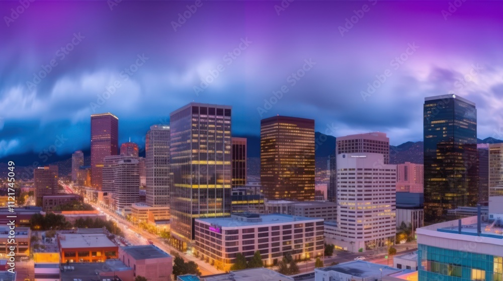 Obraz premium A panoramic view of a city skyline at twilight, showcasing buildings and dramatic clouds.