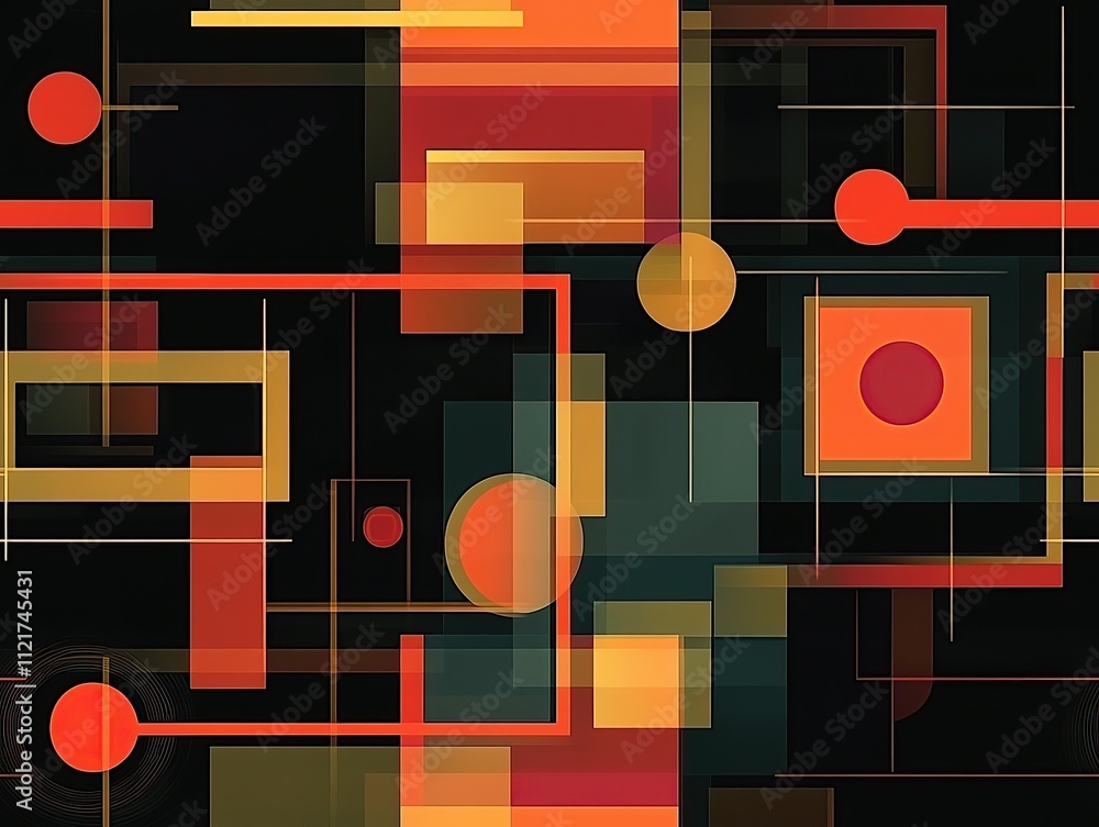 Abstract geometric pattern with orange, red, yellow, and green shapes on a black background. Abstract geometric pattern with orange, red, yellow, and green shapes on a black background.