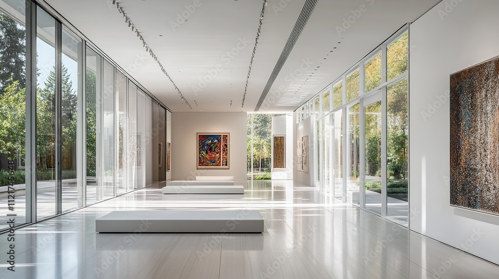 Fototapeta premium Sunlit modern art gallery interior with artwork, minimalist seating, and expansive glass walls showcasing a serene outdoor garden.