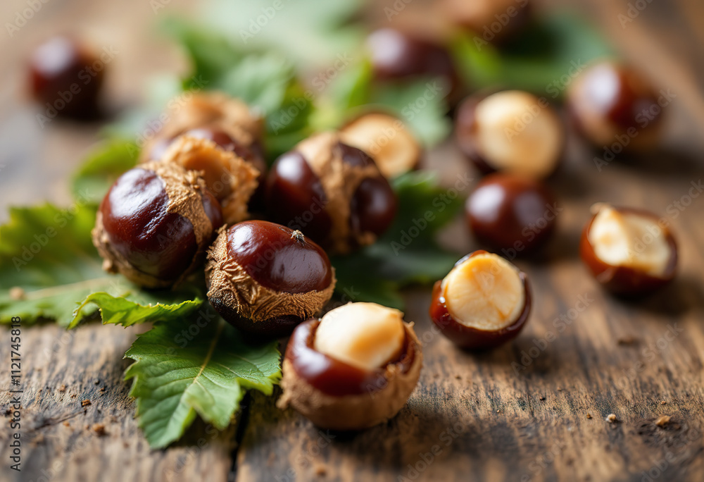Obraz premium Roasted chestnuts with green leaves on a wooden surface
