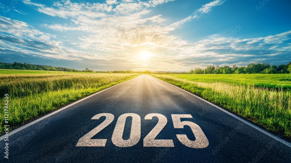 custom made wallpaper toronto digital2025 Goal plan action, Business target and growth strategy. New year resolution and challenge. 2025 on the road in the middle of asphalt road with at sunset forward and planning to the goal.