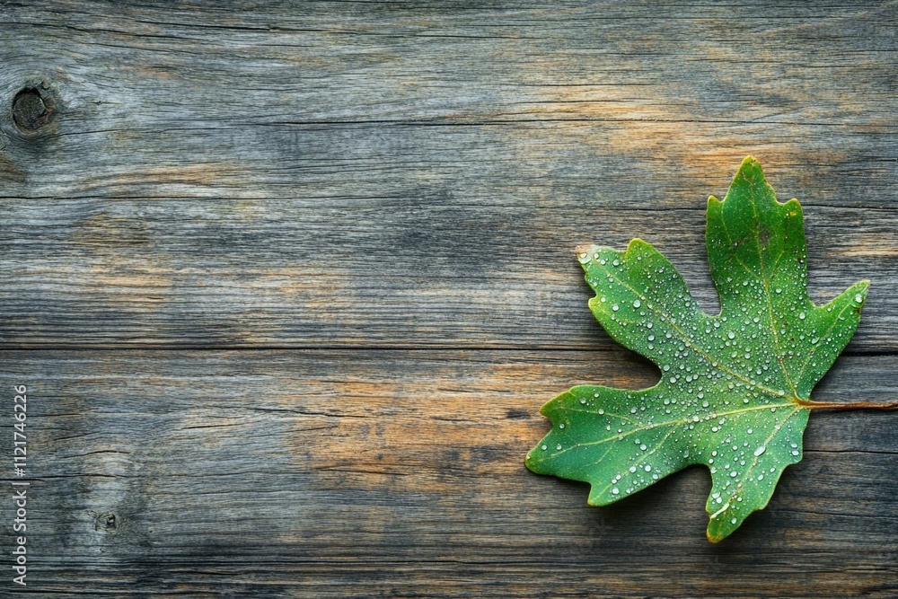 A single green leaf with water droplets rests on aged, rustic wooden planks. A single green leaf with water droplets rests on aged, rustic wooden planks.
