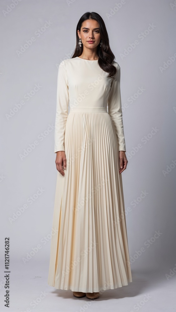 Full length A line dress pleated skirt white background Full length A line dress pleated skirt white background