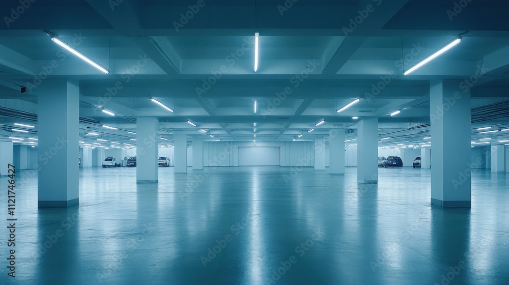 Fototapeta premium Minimalist Underground Parking Garage with Bright Lighting