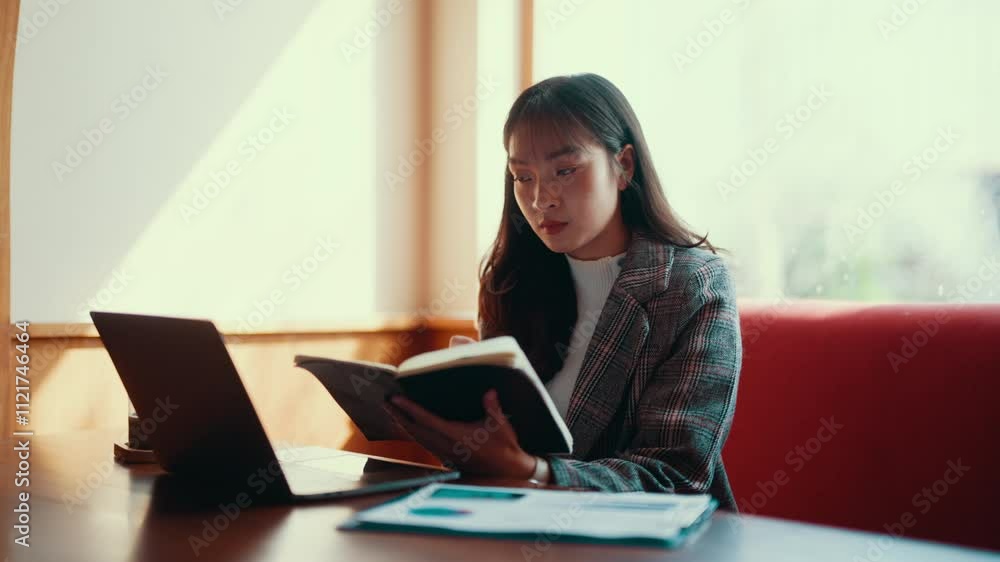 Young businesswoman sitting at a table with a laptop and taking notes in a notebook. She is wearing a blazer and has long dark hair Young businesswoman sitting at a table with a laptop and taking notes in a notebook. She is wearing a blazer and has long dark hair