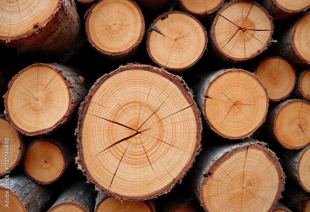 Fototapeta premium Stacked wooden logs with visible tree rings, showing the natural patterns and textures of the wood