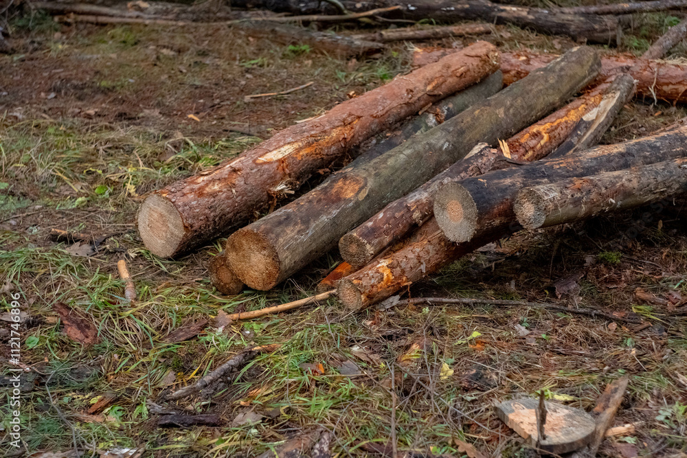 Logging and wood industry. Cut tree trunks lie on the ground in the forest. Deforestation and ecology Logging and wood industry. Cut tree trunks lie on the ground in the forest. Deforestation and ecology