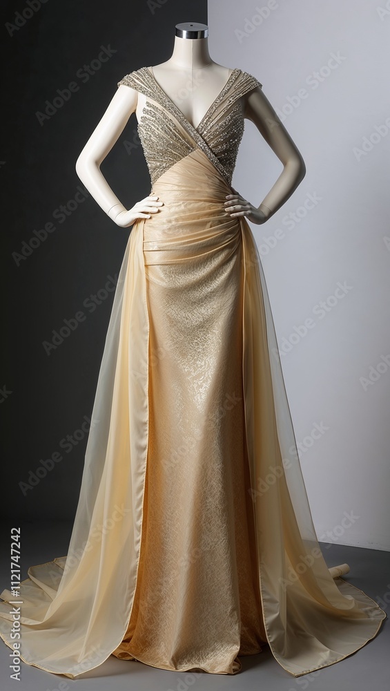 Full length organza dress with crystal accents gold background Full length organza dress with crystal accents gold background