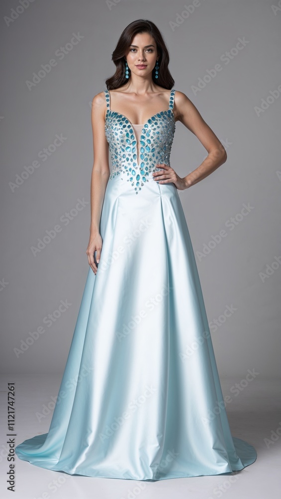 Full length satin dress adorned with aquamarine stone detailing white background Full length satin dress adorned with aquamarine stone detailing white background