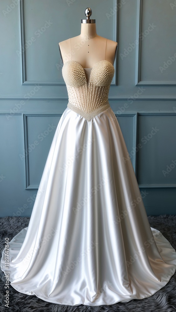 Fototapeta premium Full length satin gown pearl encrusted bodice with crystal details white background
