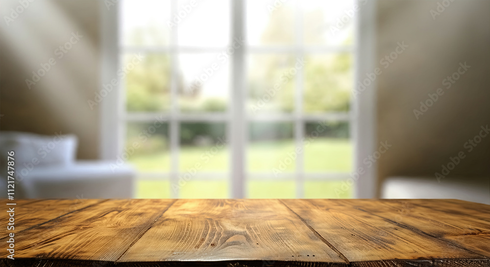Top of wood table counter on blur window view garden background. Top of wood table counter on blur window view garden background.