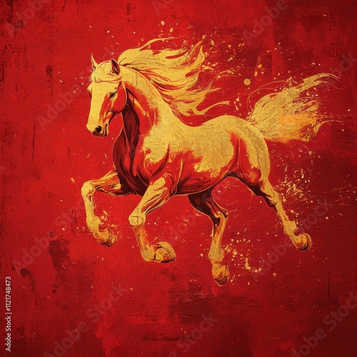 Golden horse in motion on a vivid red background, symbolizing energy, power, and the Year of the Horse in a bold artistic style