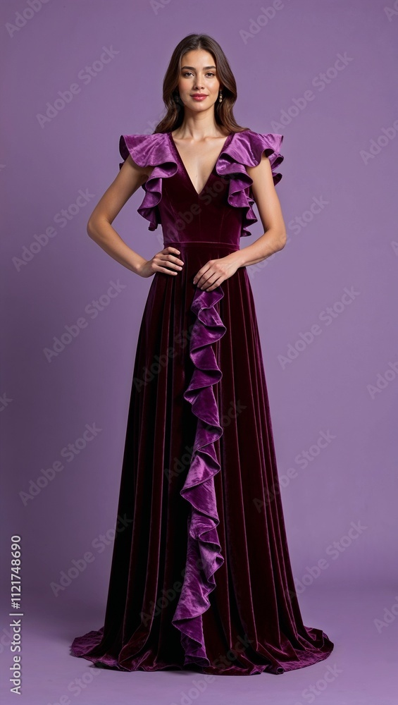 Full length velvet dress delicate ruffles lavender background Full length velvet dress delicate ruffles lavender background