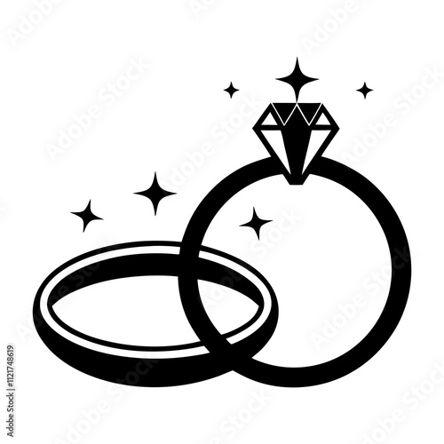 Wedding Diamond Ring Silhouette, ring vector set icon, Engagement or marriage ring, jewelry, Isolated object, Vector black symbol, sign.