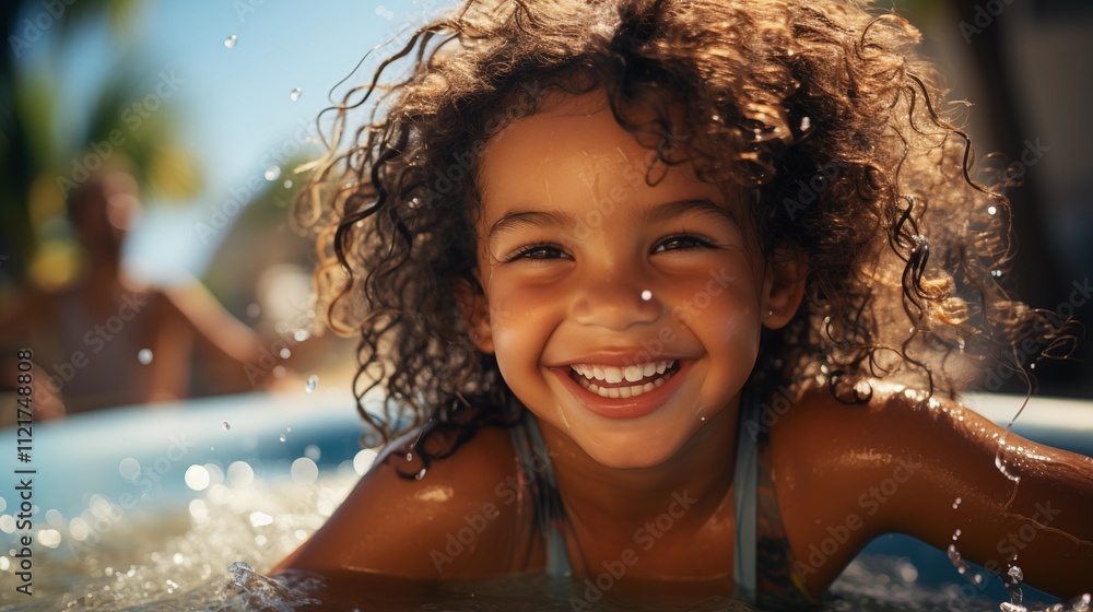 Obraz premium A playful African girl glides down a slide into a bright water park pool, laughing with joy.