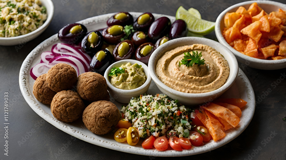 A colorful Mediterranean platter featuring hummus, falafel, tabbouleh, pita bread, and olives. A colorful Mediterranean platter featuring hummus, falafel, tabbouleh, pita bread, and olives.