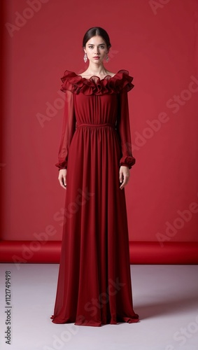 Long chiffon gown ruffled neckline red background 