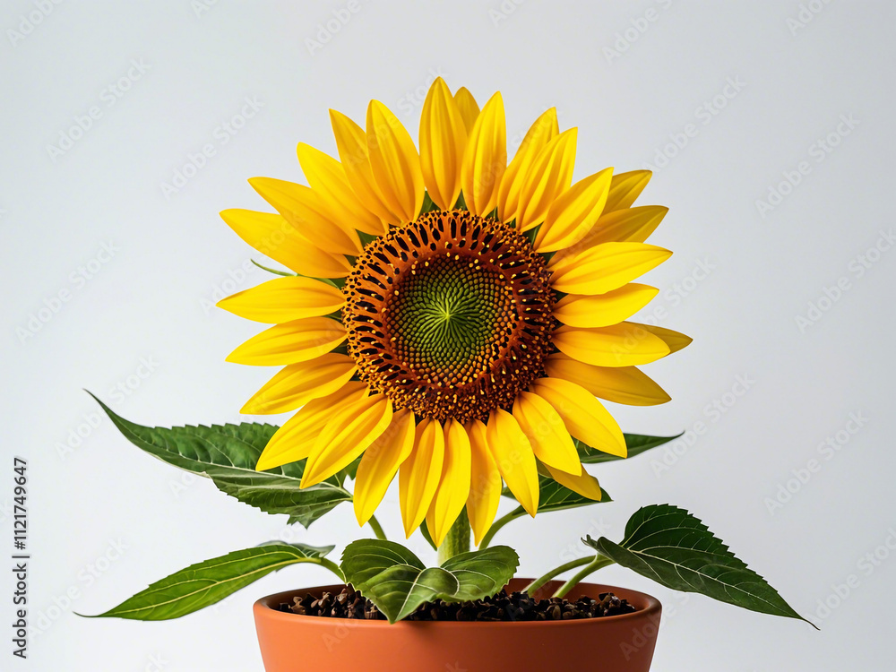 Obraz premium A yellow sunflower in a potted plant on a white background
