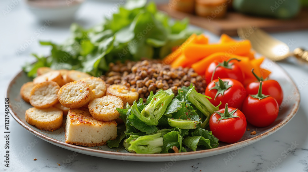 Balanced Plate of Food with Lean Proteins, Whole Carbs and Grains, Colorful Vegetables and Healthy Fats: Diet, Fitness and healthy Eating Balanced Plate of Food with Lean Proteins, Whole Carbs and Grains, Colorful Vegetables and Healthy Fats: Diet, Fitness and healthy Eating