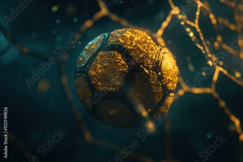 Golden soccer ball lodged in the net, accentuated by soft lighting and a rich, vibrant background.