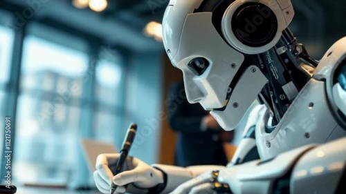A robot signing a business agreement