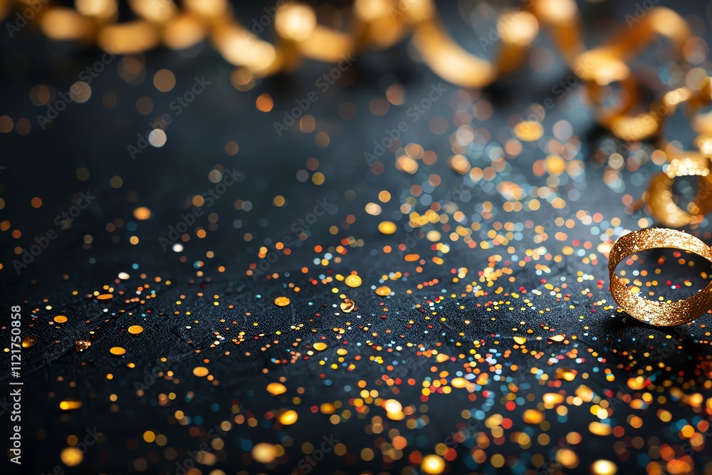 Golden ribbons and confetti on dark background. Golden ribbons and confetti on dark background.