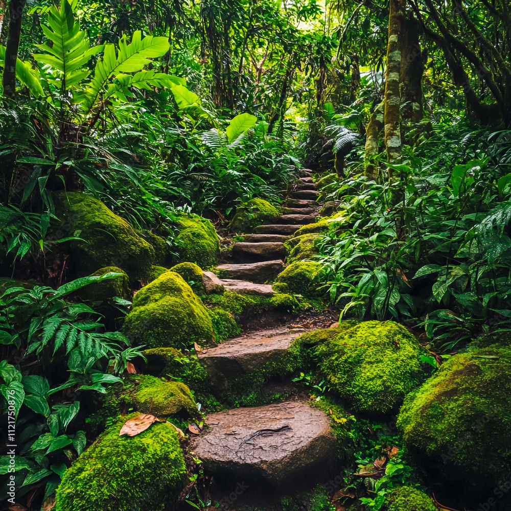 Naklejka premium Scenic trail pathway through a lush tropical rainforest, surrounded by vibrant green plants