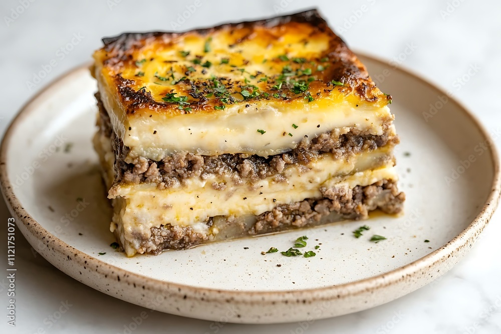 Greek Moussaka, a delicious dish with layers of soft eggplant, savory minced meat and a creamy béchamel sauce. Greek Moussaka, a delicious dish with layers of soft eggplant, savory minced meat and a creamy béchamel sauce.