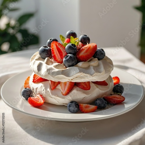 Vegan simple delicious tasty sweet freshly baked round Pavlova cake with berries on a white table in a white plate. Bright stylish modern kitchen. Restaurant menu template. Culinary festive mystique
