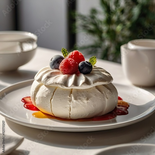 Vegan simple delicious tasty sweet freshly baked round Pavlova cake with berries on a white table in a white plate. Bright stylish modern kitchen. Restaurant menu template. Culinary festive mystique
