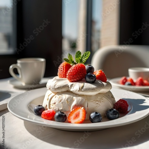 Vegan simple delicious tasty sweet freshly baked round Pavlova cake with berries on a white table in a white plate. Bright stylish modern kitchen. Restaurant menu template. Culinary festive mystique
