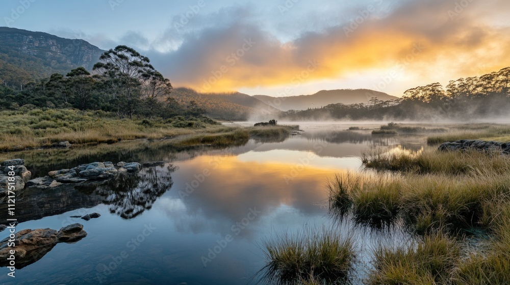 Serene sunrise, misty lake reflecting golden sky. Serene sunrise, misty lake reflecting golden sky.