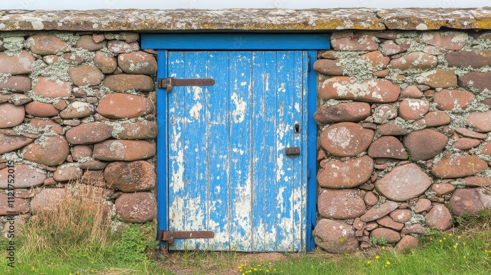 Weathered Blue Wooden Door in a Rustic Stone Wall Weathered Blue Wooden Door in a Rustic Stone Wall