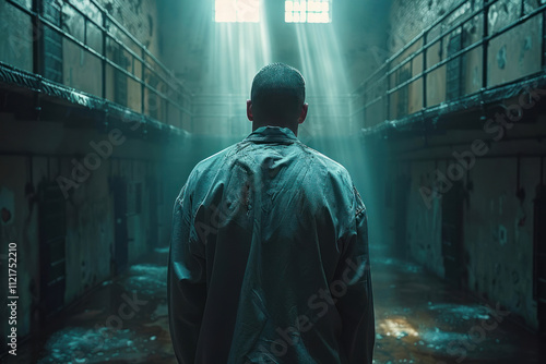 Rear view of a male in gray clothing, facing away from the camera, standing inside a jail cell with light shining through. ,.    photo