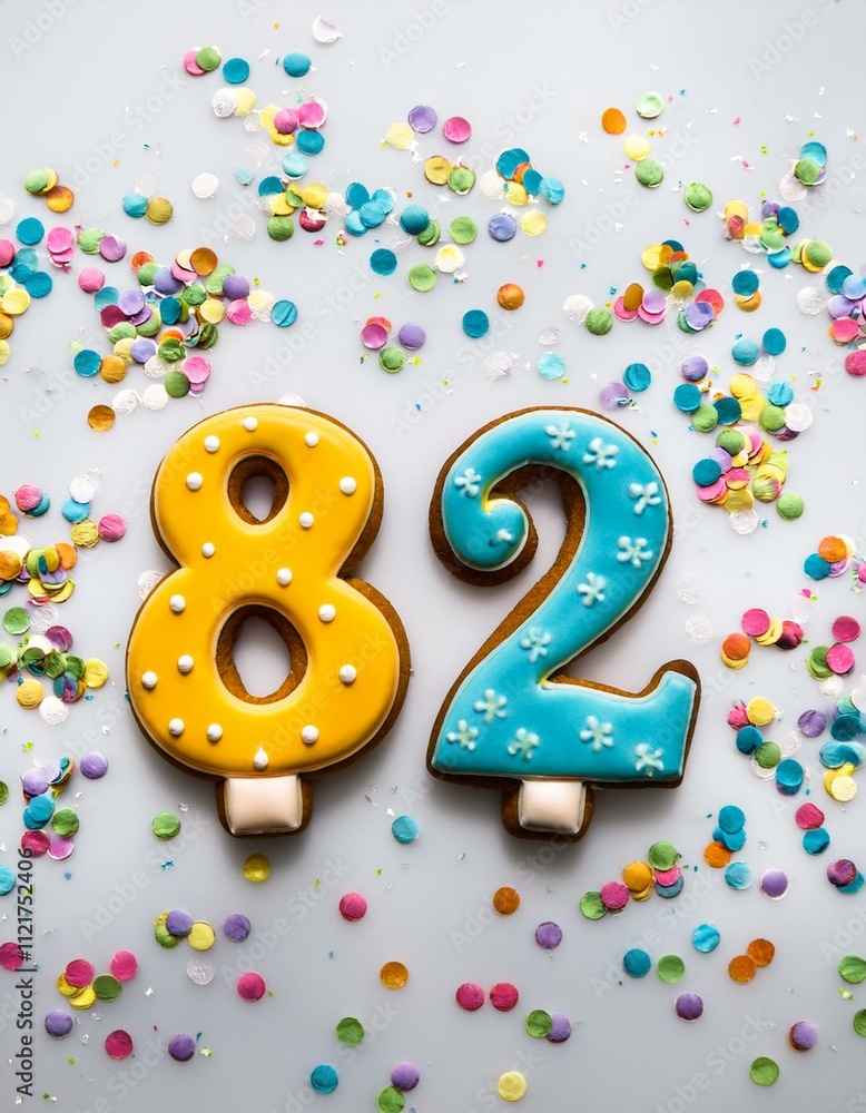 Decorated cookie, number 82, festive food for birthday or anniversary with white background Decorated cookie, number 82, festive food for birthday or anniversary with white background