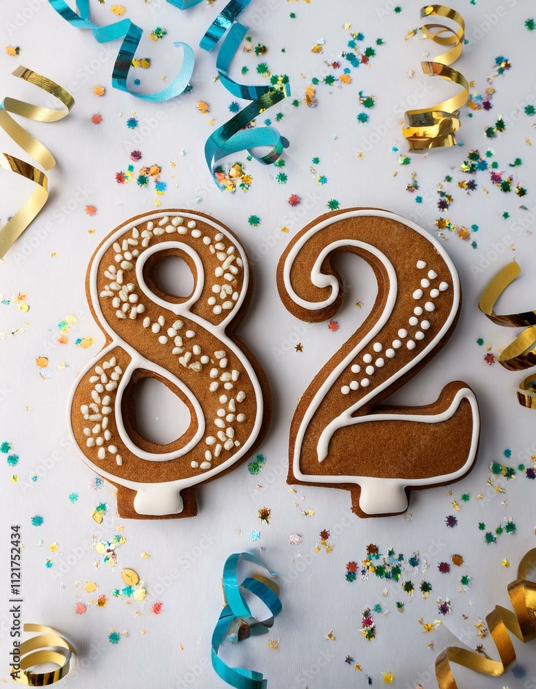 Decorated cookie, number 82, festive food for birthday or anniversary with white background Decorated cookie, number 82, festive food for birthday or anniversary with white background