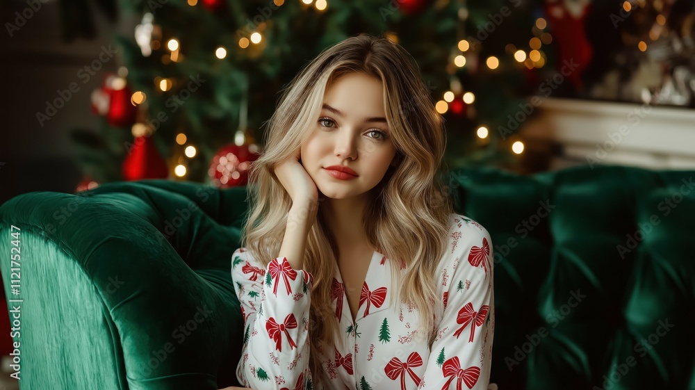 young caucasian woman wearing festive bow print christmas pajamas, sitting on velvet emerlad sofa , and decorated tree, perfect for holiday season young caucasian woman wearing festive bow print christmas pajamas, sitting on velvet emerlad sofa , and decorated tree, perfect for holiday season