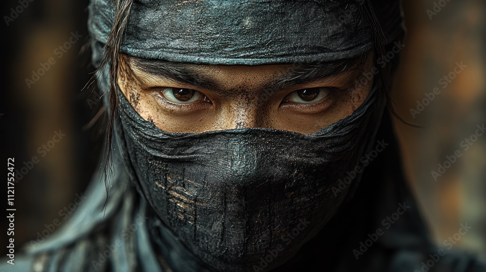 Intense gaze of a masked ninja in a dramatic setting Intense gaze of a masked ninja in a dramatic setting