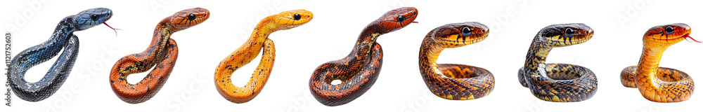 Naklejka premium Colorful snakes with open mouths and ngues out, isolated on white