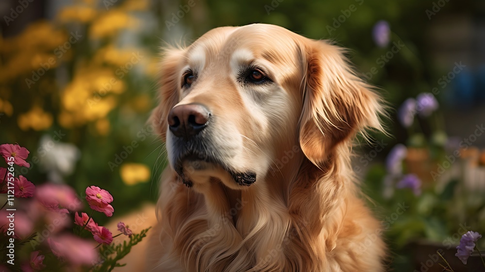 Golden Retriever Dog Amidst Blooming Garden Flowers Golden Retriever Dog Amidst Blooming Garden Flowers
