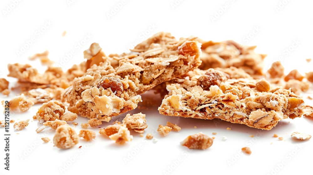 Granola bars broken, scattered on white. Granola bars broken, scattered on white.