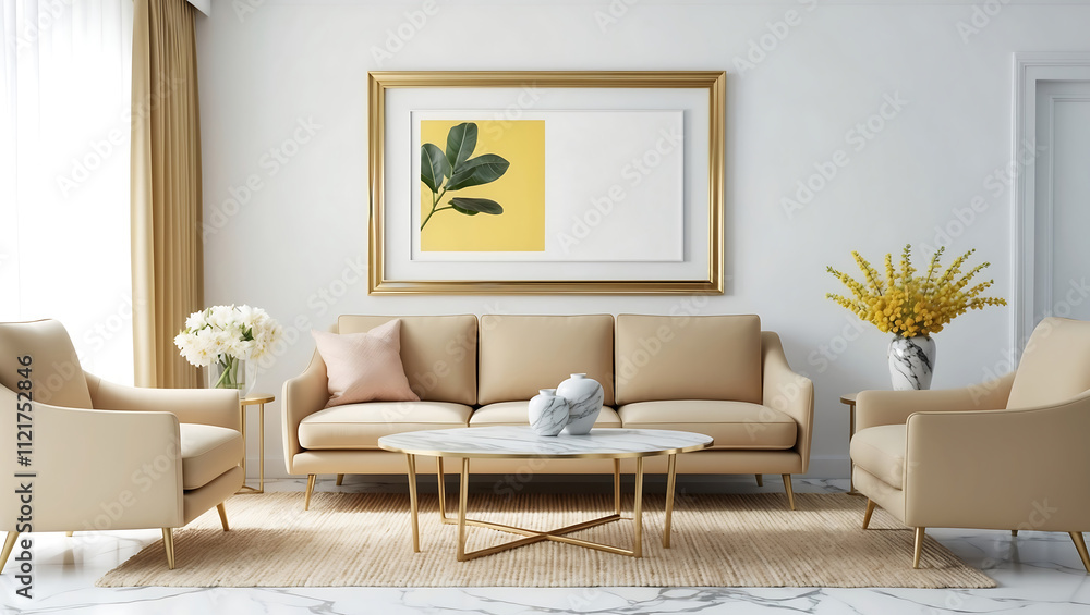 Minimalist interior design of a modern living room with a brown white sofa. White wall mock up. Modern home decor Minimalist interior design of a modern living room with a brown white sofa. White wall mock up. Modern home decor