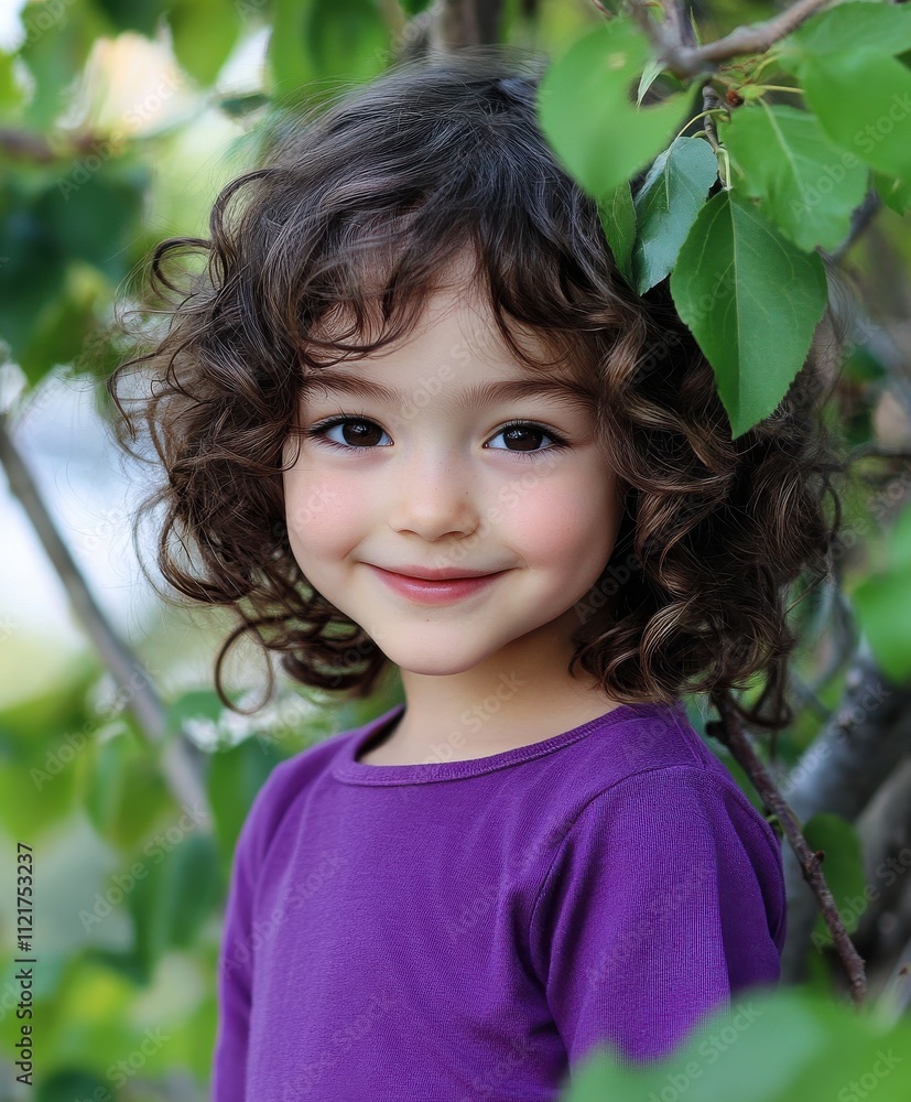 Close-up of a cheerful little girl with curly hair, surrounded by lush green foliage, radiating innocence and joy.
Close-up of a cheerful little girl with curly hair, surrounded by lush green foliage, radiating innocence and joy.