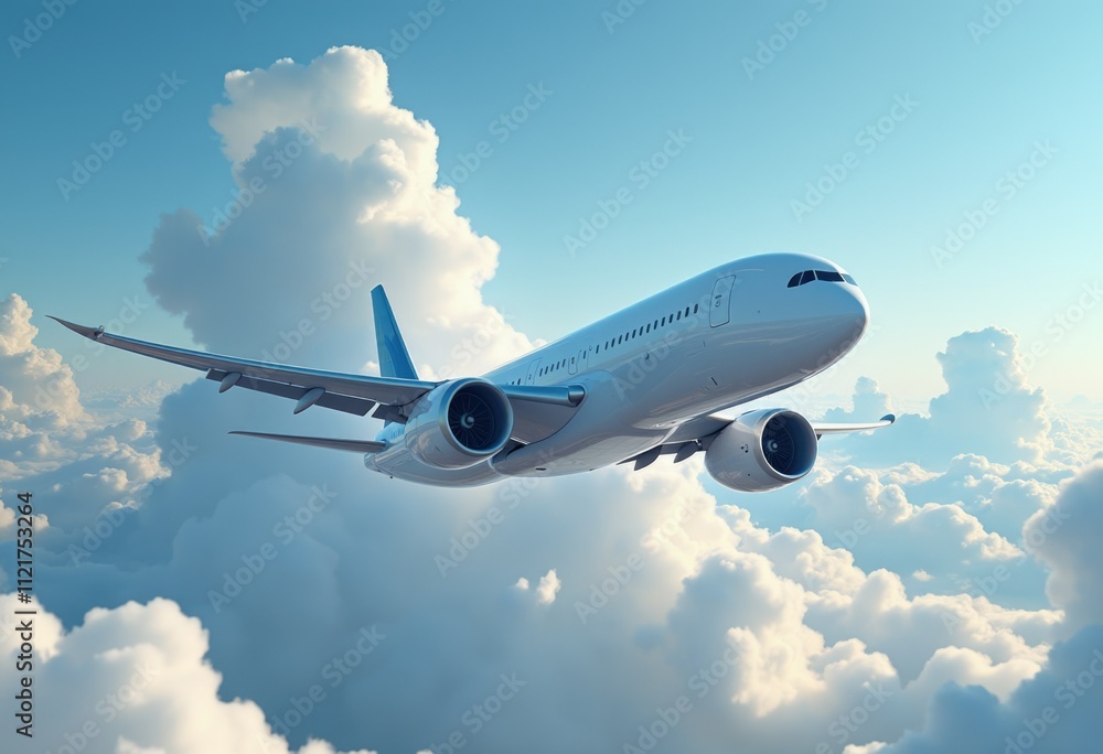 A commercial airplane soars through the sky, above a blanket of fluffy clouds. A commercial airplane soars through the sky, above a blanket of fluffy clouds.