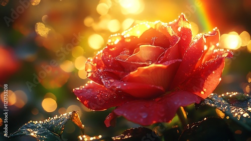 Lush red rose macro with reflection of light on water drops creating miniature rainbows photo