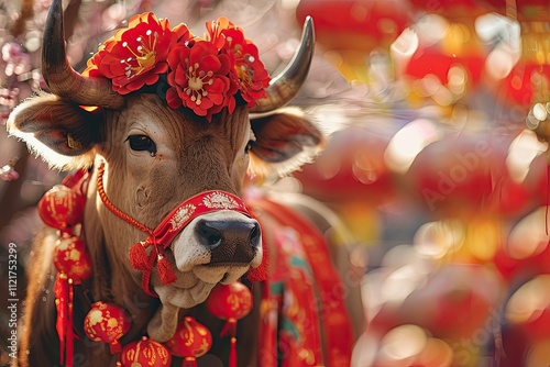 bull in new year clothes, Chinese new year symbols, Year of the Bull   